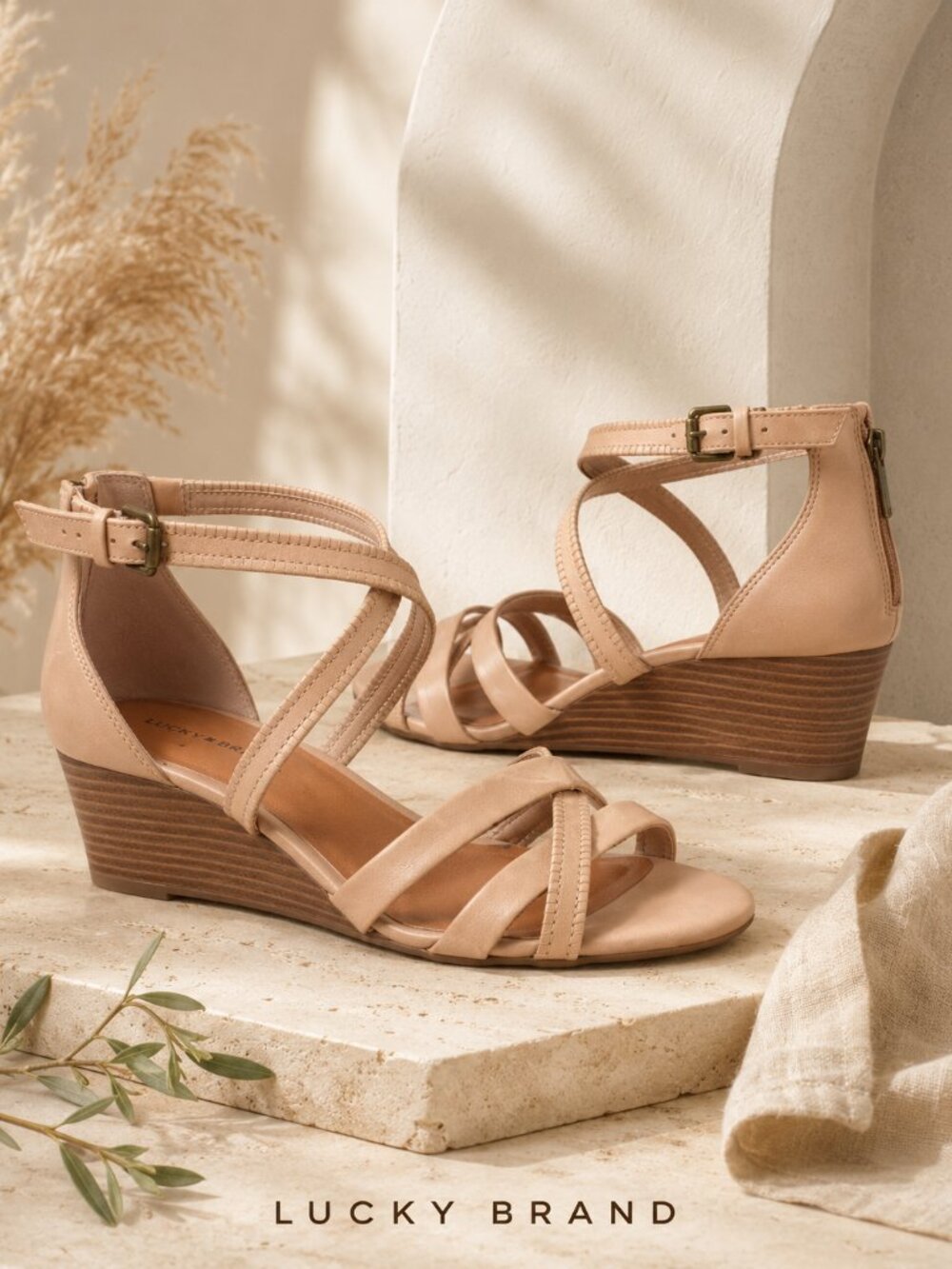 Lucky Brand Nude Strappy Wedge Sandals Size 8 Beige Tan Leather Ankle Strap